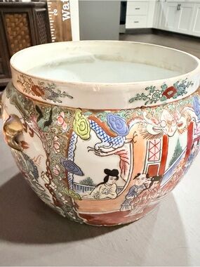 Antique Hand-Painted Floral Asian Ceramic Planter in Multicolor